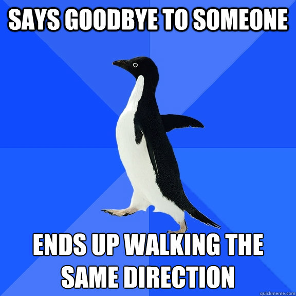 says goodbye to someone ends up walking the same direction  Socially Awkward Penguin