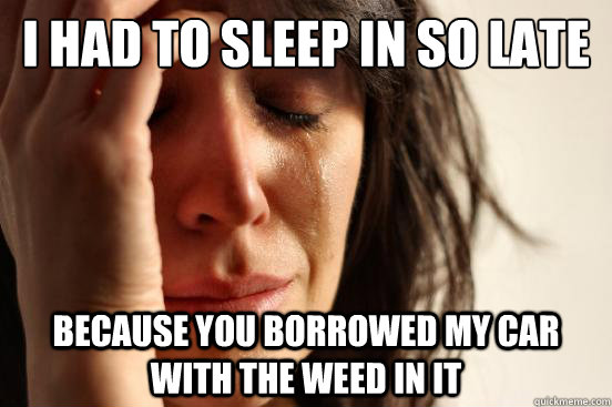 I had to sleep in so late Because you borrowed my car with the weed in it  First World Problems