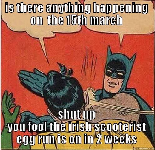 IS THERE ANYTHING HAPPENING ON  THE 15TH MARCH SHUT UP YOU FOOL THE IRISH SCOOTERIST EGG RUN IS ON IN 2 WEEKS Batman Slapping Robin