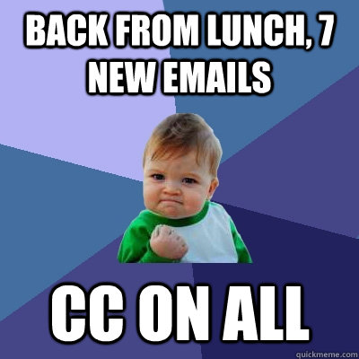 back from lunch, 7 new emails cc on all - back from lunch, 7 new emails cc on all  Success Kid