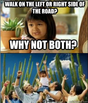 Why not both? Walk on the left or right side of the road? - Why not both? Walk on the left or right side of the road?  Why not both