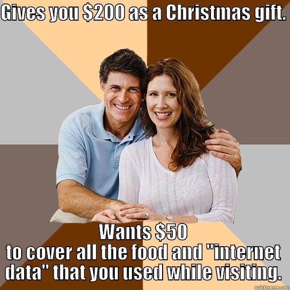 Could have just given us less money to avoid an argument I suppose... - GIVES YOU $200 AS A CHRISTMAS GIFT.         WANTS $50 TO COVER ALL THE FOOD AND 