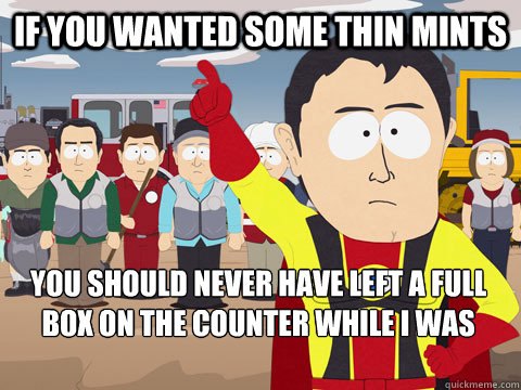 If you wanted some thin mints you should never have left a full box on the counter while i was home alone  Captain Hindsight