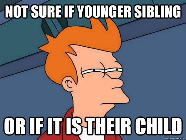 Not sure if younger sibling Or if it is their child  Futurama Fry