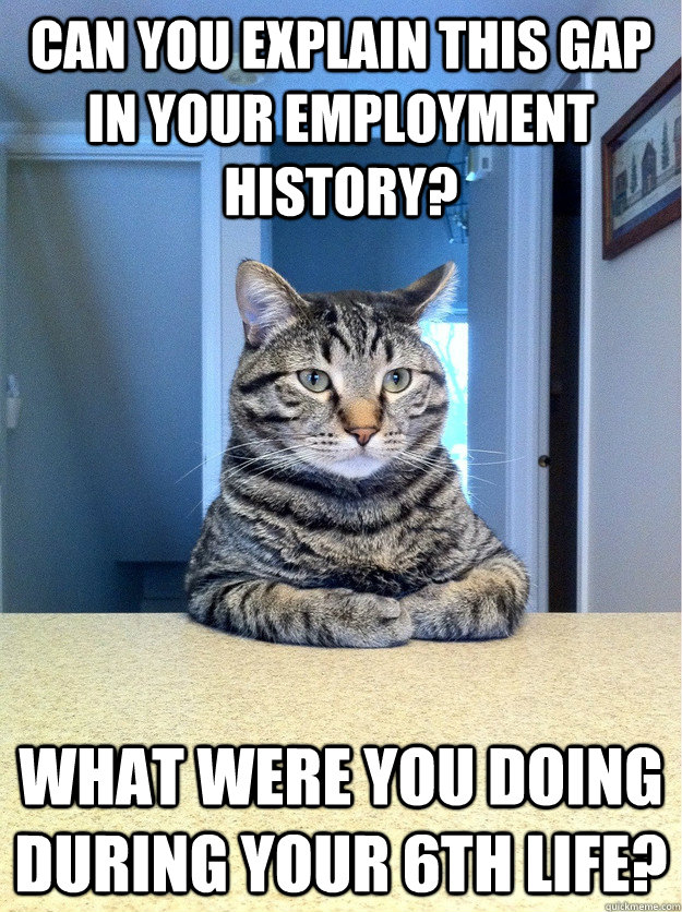 Can you explain this gap in your employment history? What were you doing during your 6th life?  Chris Hansen Cat
