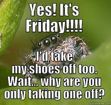 YES! IT'S FRIDAY!!!! I'D TAKE MY SHOES OFF TOO. WAIT... WHY ARE YOU ONLY TAKING ONE OFF? Misunderstood Spider