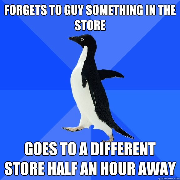 Forgets to guy something in the store goes to a different store half an hour away  Socially Awkward Penguin