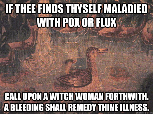 if thee finds thyself maladied with pox or flux  call upon a witch woman forthwith. a bleeding shall remedy thine illness. - if thee finds thyself maladied with pox or flux  call upon a witch woman forthwith. a bleeding shall remedy thine illness.  Medieval Advice Mallard