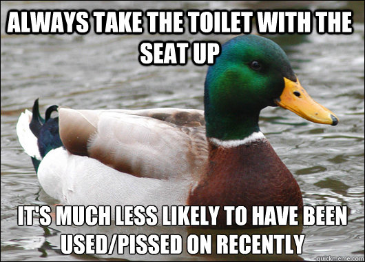 always take the toilet with the seat up it's much less likely to have been used/pissed on recently  Actual Advice Mallard