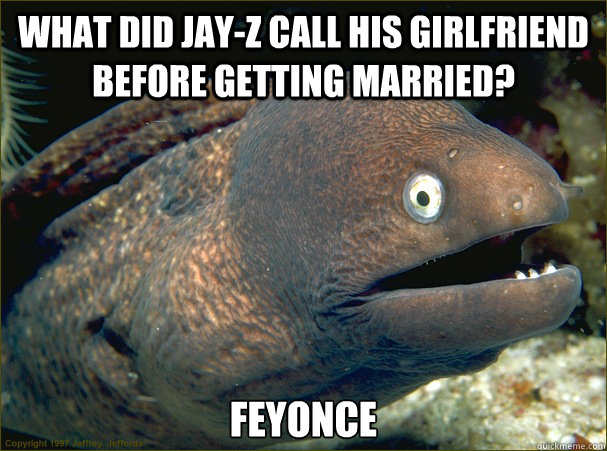What did Jay-Z call his girlfriend before getting married? Feyonce Caption 3 goes here  Bad Joke Eel