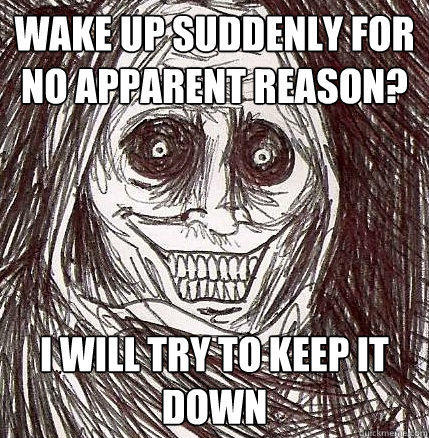 wake up suddenly for no apparent reason? i will try to keep it down  Horrifying Houseguest