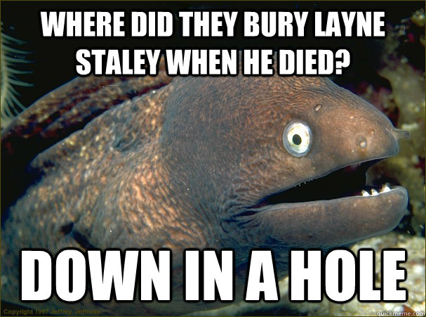 Where did they bury Layne staley when he died? Down in a hole - Where did they bury Layne staley when he died? Down in a hole  Bad Joke Eel