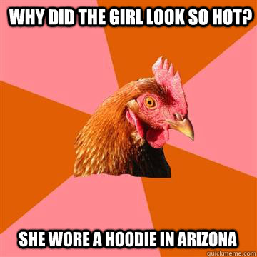 Why did the girl look so hot? she wore a hoodie in arizona  Anti-Joke Chicken