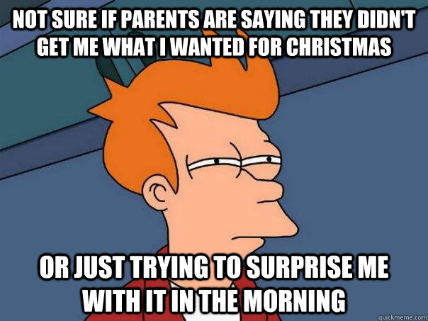 Not sure if parents are saying they didn't get me what I wanted for christmas or just trying to surprise me with it in the morning - Not sure if parents are saying they didn't get me what I wanted for christmas or just trying to surprise me with it in the morning  Futurama Fry