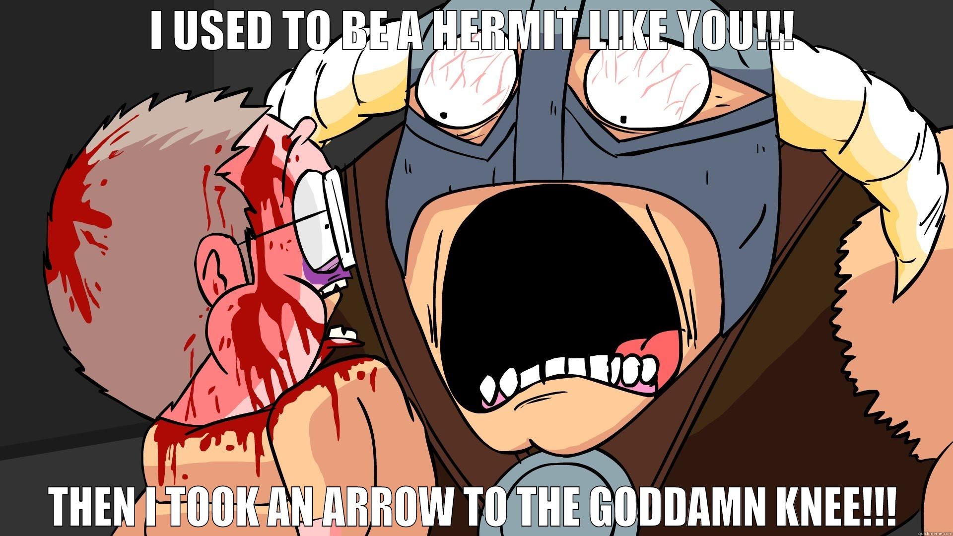 I USED TO BE A HERMIT LIKE YOU!!! THEN I TOOK AN ARROW TO THE GODDAMN KNEE!!! Misc