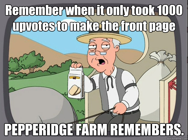 Remember when it only took 1000 upvotes to make the front page PEPPERIDGE FARM REMEMBERS.  