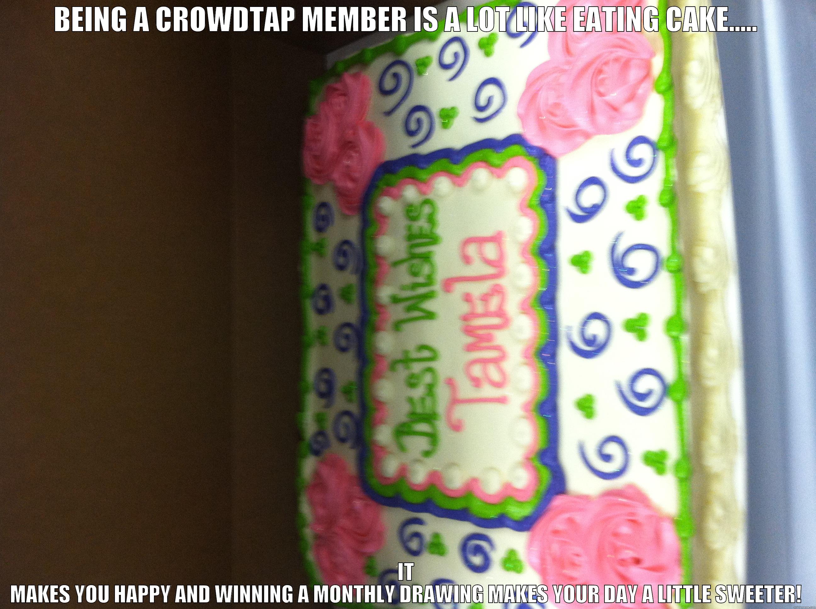 CROWDTAP MEMBER HAPPINESS -  BEING A CROWDTAP MEMBER IS A LOT LIKE EATING CAKE.....  IT MAKES YOU HAPPY AND WINNING A MONTHLY DRAWING MAKES YOUR DAY A LITTLE SWEETER! Misc