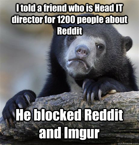 I told a friend who is Head IT director for 1200 people about Reddit He blocked Reddit and Imgur  Confession Bear