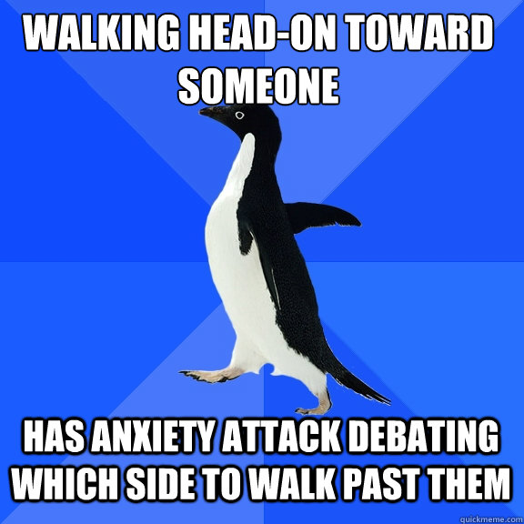 Walking head-on toward someone Has anxiety attack debating which side to walk past them  Socially Awkward Penguin