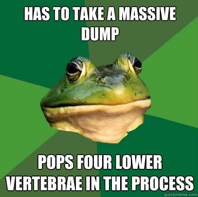 has to take a massive dump pops four lower vertebrae in the process  Foul Bachelor Frog