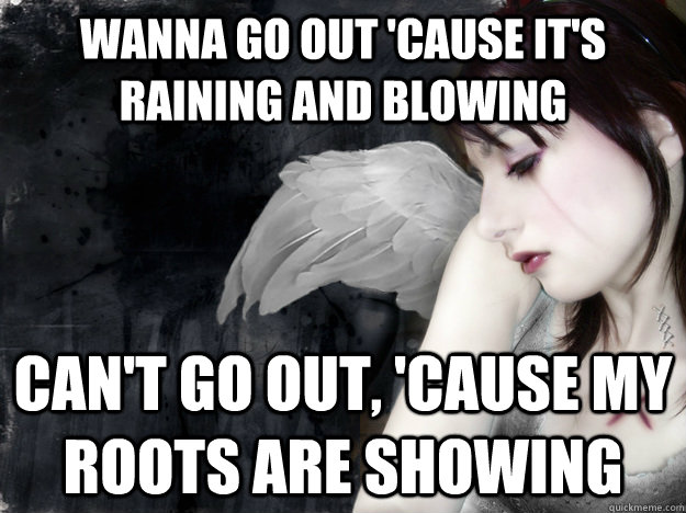wanna go out 'cause it's raining and blowing can't go out, 'cause my roots are showing - wanna go out 'cause it's raining and blowing can't go out, 'cause my roots are showing  First World Goth Problems