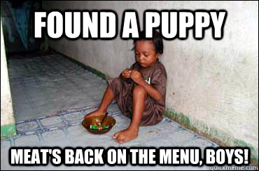 found a puppy meat's back on the menu, boys!  Third World Problems