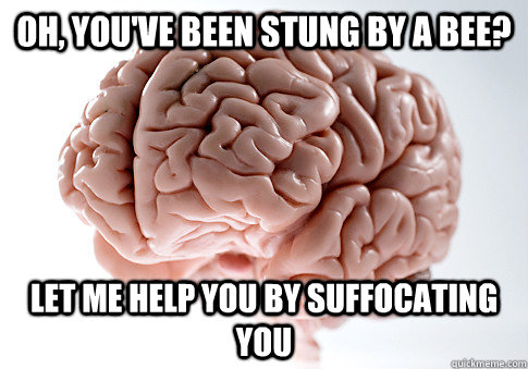 Oh, you've been stung by a bee? let me help you by suffocating you  Scumbag Brain