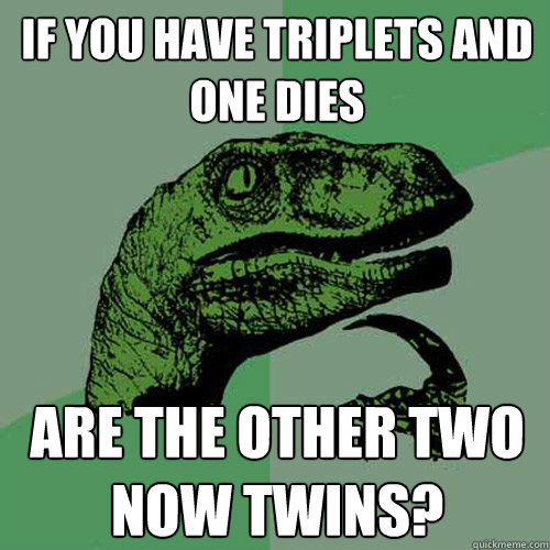 If you have triplets and one dies Are the other two now twins? - If you have triplets and one dies Are the other two now twins?  Philosoraptor