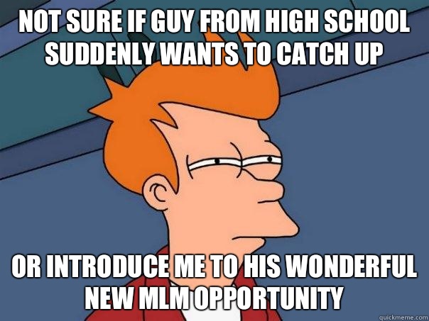 Not sure if guy from high school suddenly wants to catch up Or introduce me to his wonderful new MLM opportunity  Futurama Fry