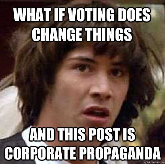 What if voting does change things and this post is corporate propaganda  conspiracy keanu