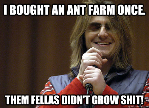 I bought an ant farm once. Them fellas didn't grow shit!  Mitch Hedberg Meme