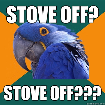Stove off? STOVE OFF???  Paranoid Parrot