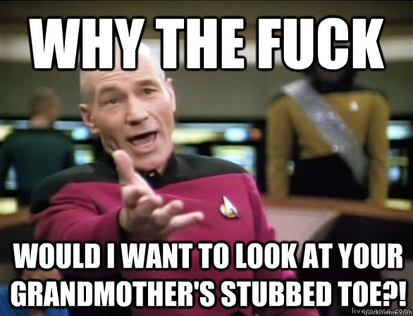 Why the fuck would I want to look at your grandmother's stubbed toe?!  Annoyed Picard HD