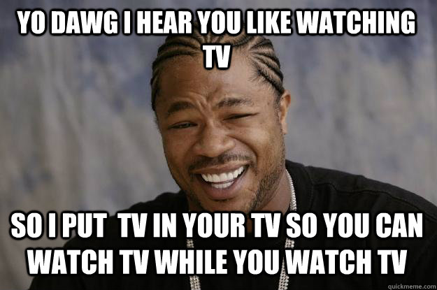 YO DAWG I HEAR YOU LIKE WATCHING TV So i put  tv in your tv so you can watch tv while you watch tv - YO DAWG I HEAR YOU LIKE WATCHING TV So i put  tv in your tv so you can watch tv while you watch tv  Xzibit meme