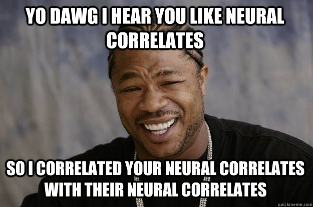 YO DAWG I HEAR YOU LIKE NEURAL CORRELATES SO I CORRELATED YOUR NEURAL CORRELATES WITH THEIR NEURAL CORRELATES  Xzibit meme