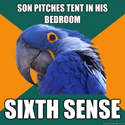 son pitches tent in his bedroom sixth sense  Paranoid Parrot