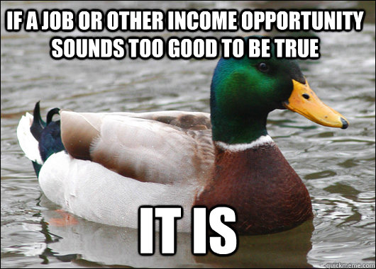 If a job or other income opportunity sounds too good to be true it is  Actual Advice Mallard
