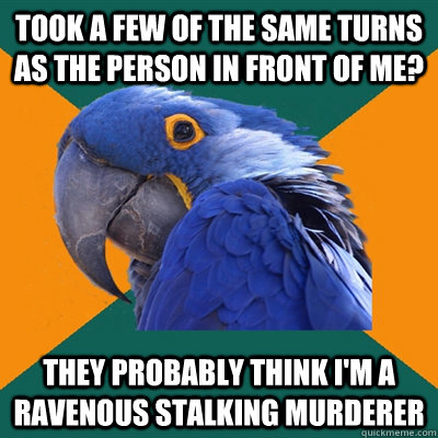 took a few of the same turns as the person in front of me? they probably think i'm a ravenous stalking murderer  Paranoid Parrot