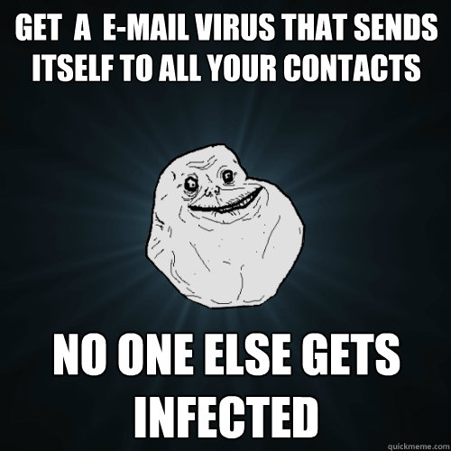 get  a  e-mail virus that sends itself to all your contacts no one else gets infected  Forever Alone