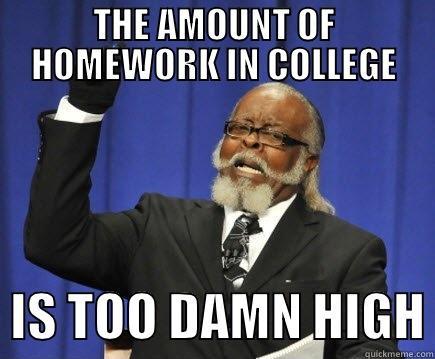 THE AMOUNT OF HOMEWORK IN COLLEGE   IS TOO DAMN HIGH Too Damn High