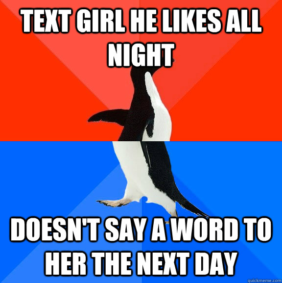 text girl he likes all night doesn't say a word to her the next day  Socially Awesome Awkward Penguin