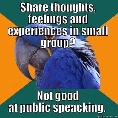 SHARE THOUGHTS, FEELINGS AND EXPERIENCES IN SMALL GROUP? NOT GOOD AT PUBLIC SPEACKING.  Paranoid Parrot