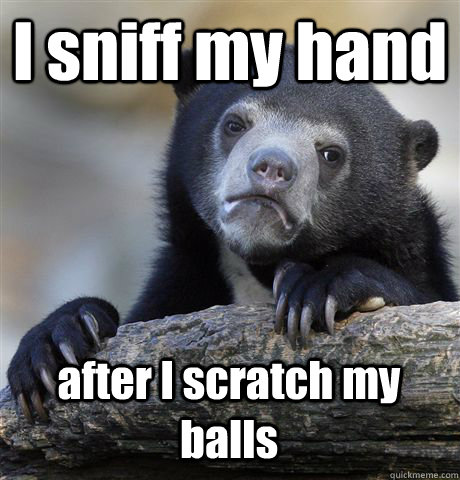 I sniff my hand  after I scratch my balls  Confession Bear