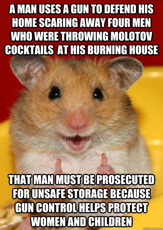 a man uses a gun to defend his home scaring away four men who were throwing molotov cocktails  at his burning house that man must be prosecuted for unsafe storage because gun control helps protect women and children  - a man uses a gun to defend his home scaring away four men who were throwing molotov cocktails  at his burning house that man must be prosecuted for unsafe storage because gun control helps protect women and children   Rationalization Hamster