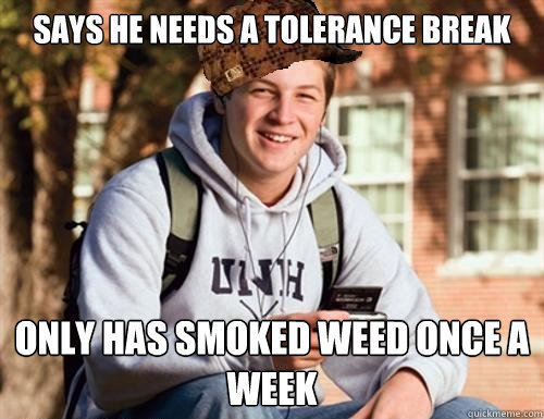 Says he needs a tolerance break Only has smoked weed once a week  College Freshman