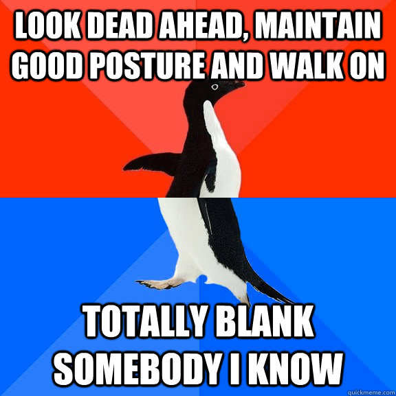 look dead ahead, maintain good posture and walk on totally blank somebody i know  Socially Awesome Awkward Penguin