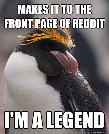 makes it to the front page of reddit i'm a legend  Socially Overconfident Penguin