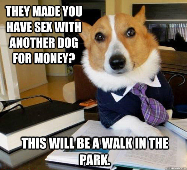 They made you have sex with another dog for money? This will be a walk in the park.  Lawyer Dog