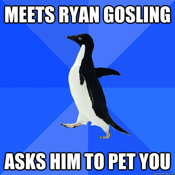 Meets Ryan Gosling Asks him to pet you  Socially Awkward Penguin