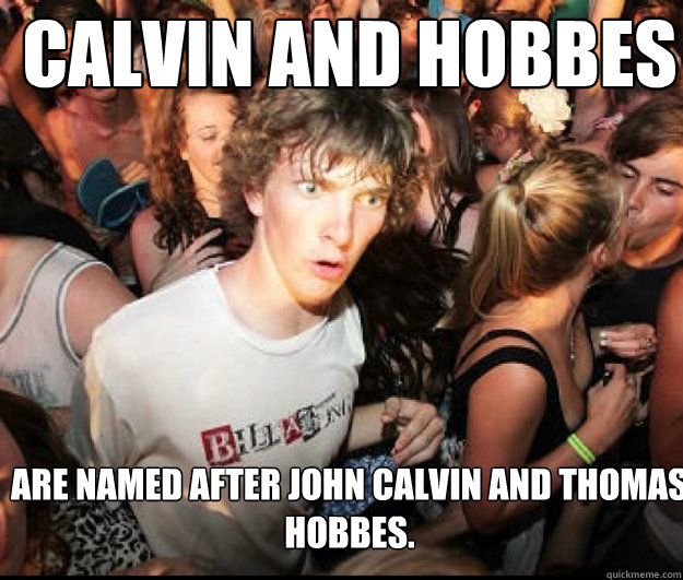 Calvin and Hobbes Are named after John Calvin and Thomas Hobbes.  SUDDEN REALISATION